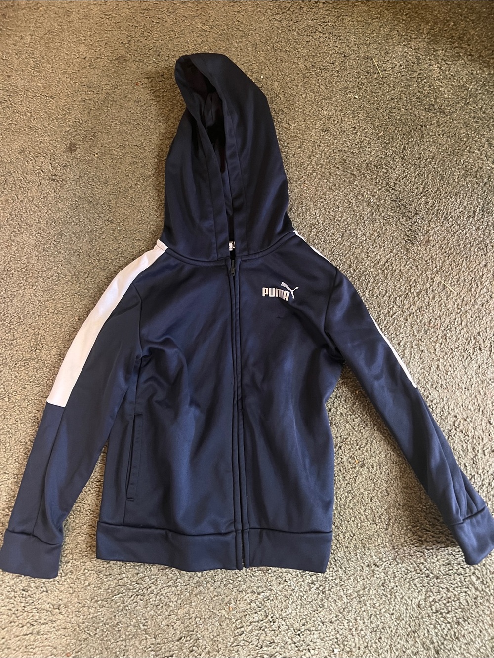 PUMA Kids' XS (5-6) Navy Hooded Zip-Up Top with White Shoulder Stripe